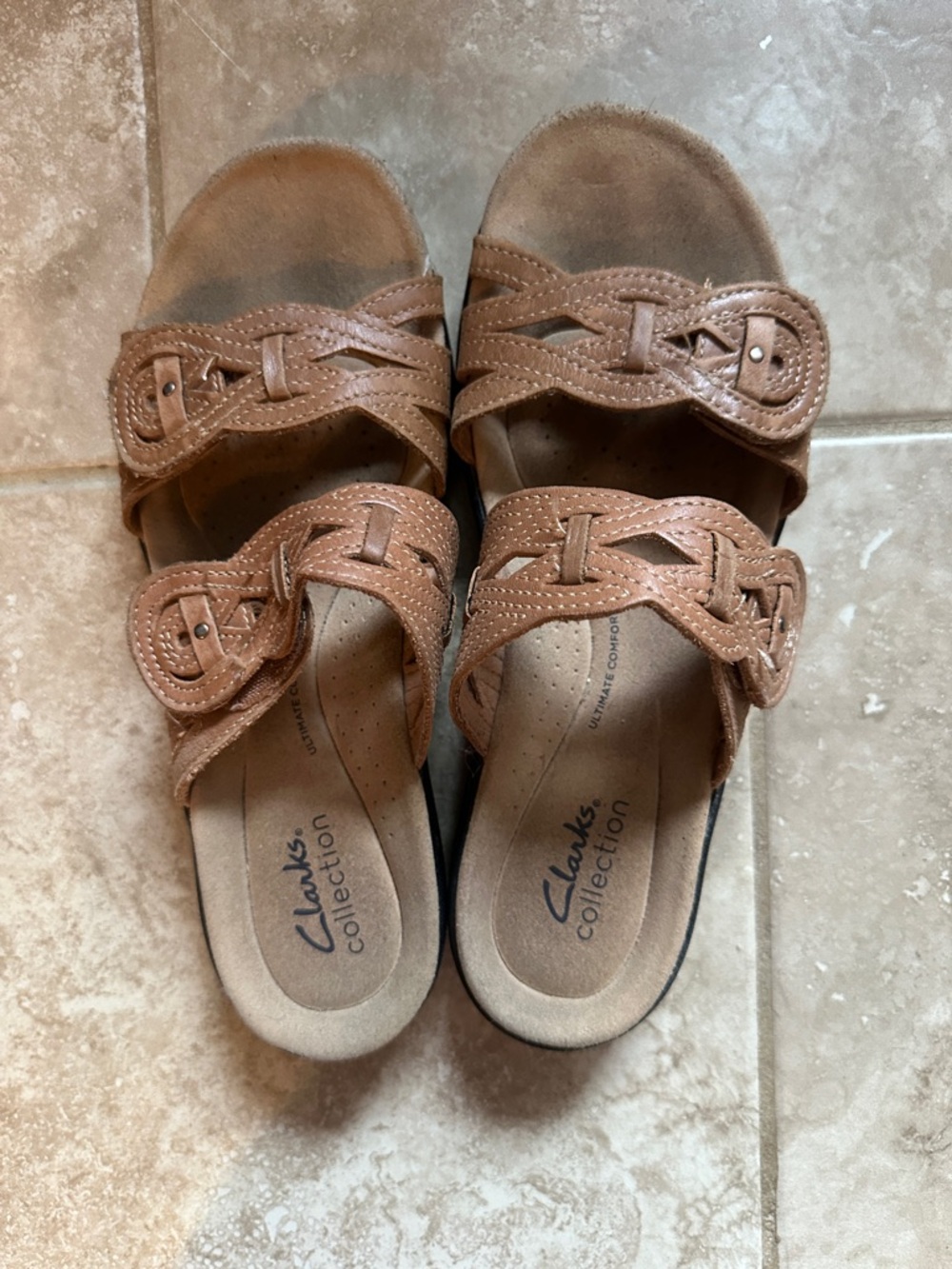 Clarks Brown Braided Leather Slide Sandals